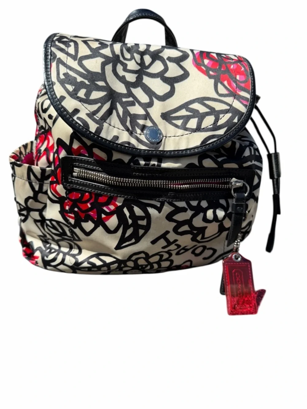 Coach Poppy Floral Canvas Drawstring Backpack - Black, White & pinkish F16582
